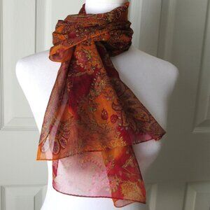 CHICO'S 100% Silk Sheer SCARF Wrap Red Orange Abstract Swirl Design Artsy Pretty